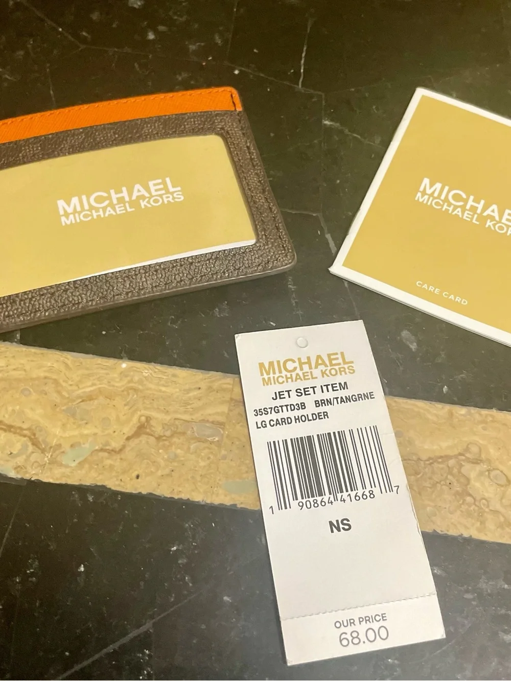 Michael Kors Orange and Brown Leather Card Holder with Gold Plate